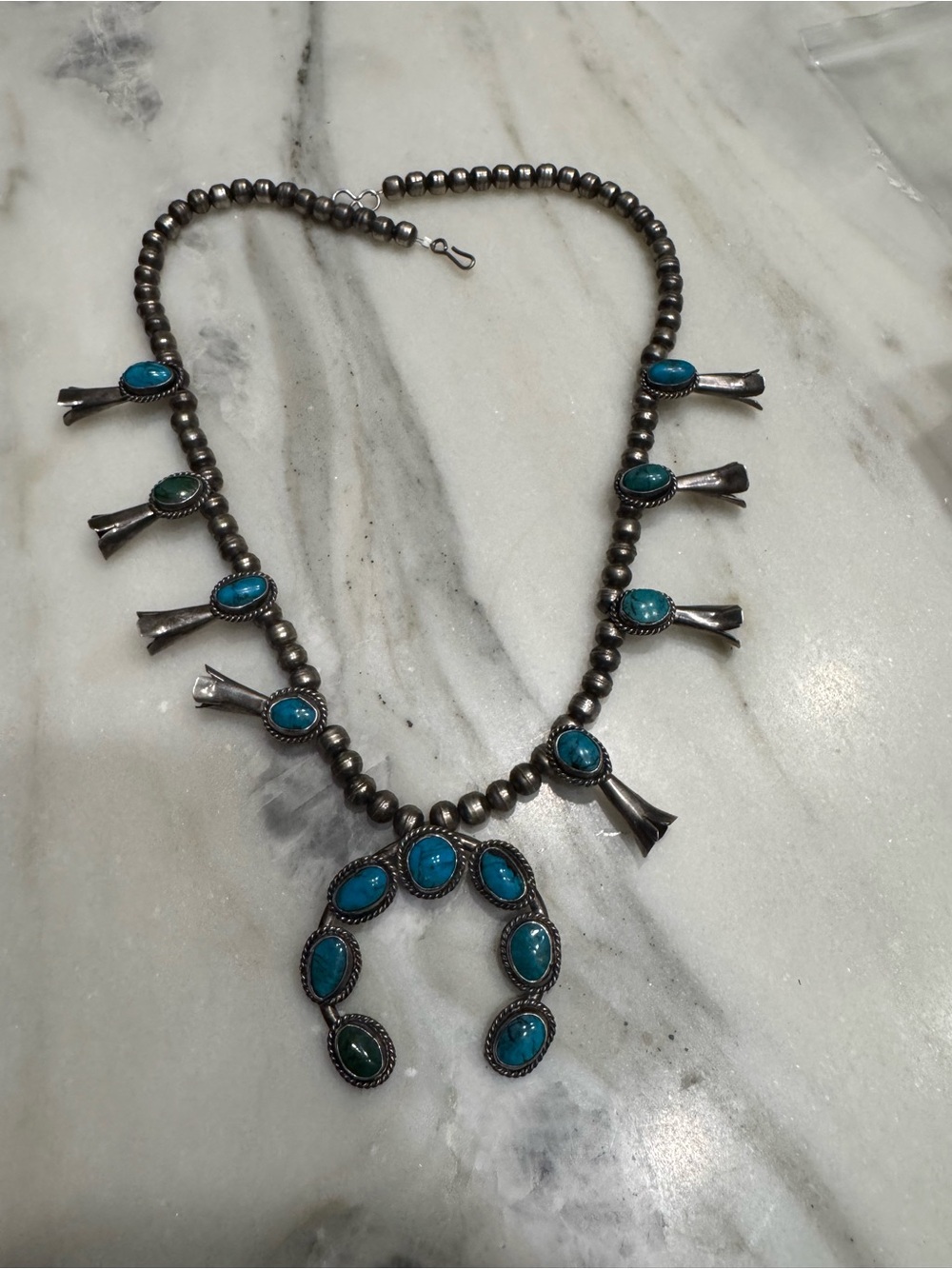 Turquoise Sterling Statement Squash Blossom Necklace
